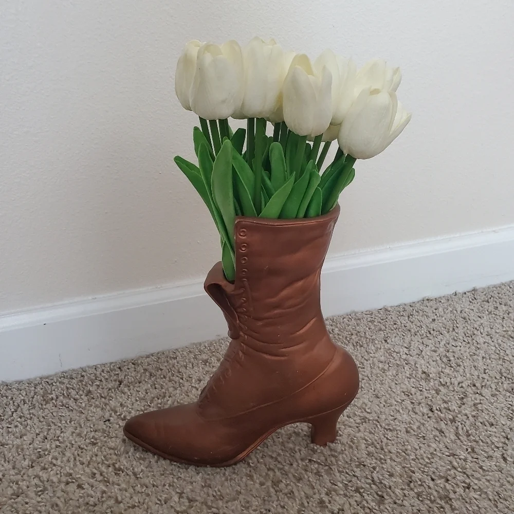 Vintage Antique Bronze Copper Heeled Cowboy Boot Vase Decor - Picture 2 of 9